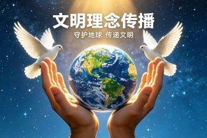 双手托举地球星空背景和平白鸽，文明理念传播守护地球传递文明，全域能量文明正向引领人文公益海报