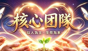 浩瀚星空襯托包容圓潤的心形金光環，繁體金字核心團隊，標語以人為主生存為本，兩側和平白鴿，四方手掌托舉帶露新芽，詮釋萬心匯聚、萬物共生、宇宙恆久和平