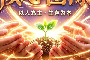 四面八方無數雙手掌合力托舉沃土，嫩綠新芽掛晶瑩露水，配標語以人為主生存為本，核心團隊希望之光意象，詮釋萬眾同心向善共生