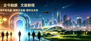 古今融脉文启新程时空拱门横幅插画 千年文脉共生未来现代都市夜景 全域能量文明新人类生存之道网站章节过渡通栏配图 星空无人机城市绿地古今交融主题海报
