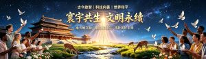 寰宇共生文明永续主視覺海報，中式古建、多元族群、白鴿麋鹿與星空溪流，象徵四海同心、萬物共生、文明永續傳承