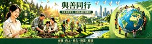 與善同行 攜手漢顏文化共築永續文明新程，家庭植樹造林、生態環境守護、眾人環抱地球，光明向上長久穩定和諧正向文明主題橫幅海報