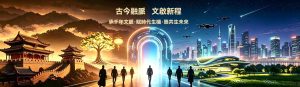 長城古建與現代都會古今交融寬幅banner，漢顏文化服務欄目首頁主視覺，標題古今融脈，文啟新程，傳承中華千年文脈、構建萬物共生未來，對應《新人類生存之道·文明全典》「以人為主，生存為本」核心理念