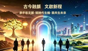 古今融脉文启新程，中华千年文脉传承未来科技新生，新人类生存之道文明时空过渡官网横幅插画