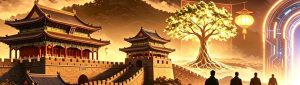中式古城楼长城华夏千年文脉，古今时空交融精神生命古树，新人类生存之道网站篇章过渡古风科技横幅插画