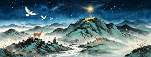 文化栏目首页通栏Banner；画面元素：青山溪流、星空银河、灵鹿、和平白鸽、山顶文明灯塔；核心思想：以人为主，生存为本，万物共生永续文明；规格1920×728，WebP无损，195KB，适配香港WordPress站点