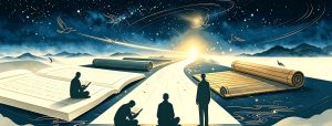 浩瀚星空飞鸟大道，巨型古书竹简求学剪影，传承东方文明探寻新人类生存之道文化内核主视觉插画