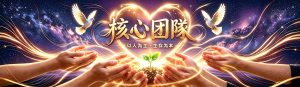 浩瀚星空宇宙背景，眾手共托沃土新芽，三片葉尖帶細小滋養露珠，環繞向善思想金色流線，兩側和平白鴿，標題核心團隊以人為主生存為本，主題希望之光眾手捧新芽，象徵各族群同心守護向善文明、萬物平衡共生