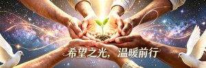 眾手托新芽星空和平鴿主題海報，漢顏文化團隊收尾視覺，對應「以人為主，生存為本」《文明全典》核心理念