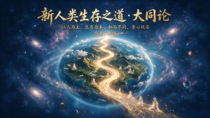 新人類生存之道大同論封面,宇宙星空環繞東方山海地球,金黃光道貫穿大地,展現萬物共生、新時代和合大同文明理念,標題核心綱領:以人為主,生存為本,和而不同,身心雙安,作者王偉,漢顏文化出品文化著作宣傳視覺
